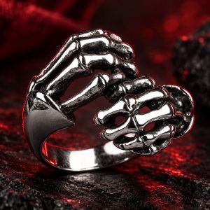 Anneau Tête de Mort Mains de Squelette | Acier
