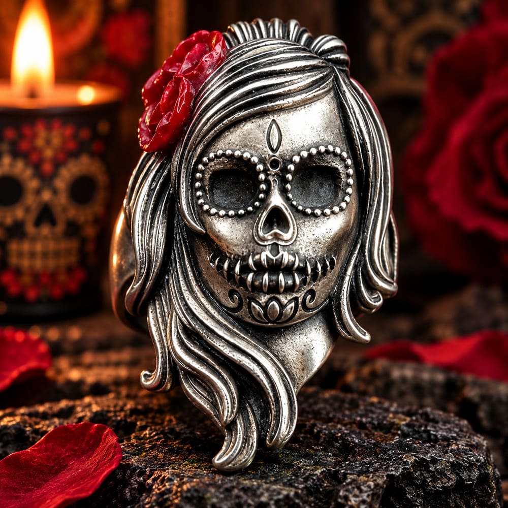 Bague Femme Mexicaine – Tête de Mort Catrina Acier