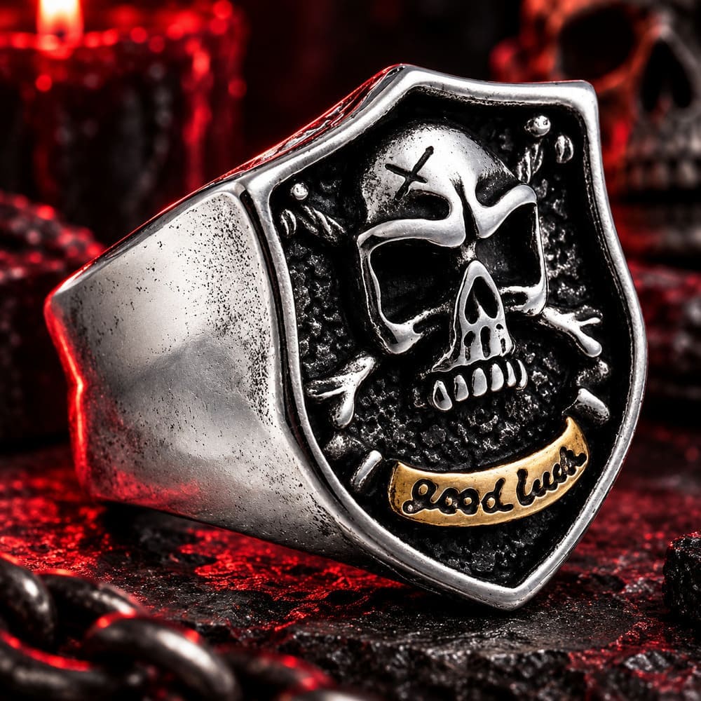 Bague Tête de Mort Bonne Chance Acier