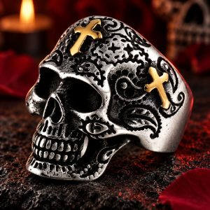 Bague Tête de Mort Calavera à Croix Acier