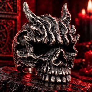 Bague Tête de Mort Cornes Endiablées | Acier