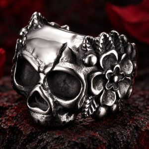 Bague Tête de Mort Fleurs du Mal Acier-