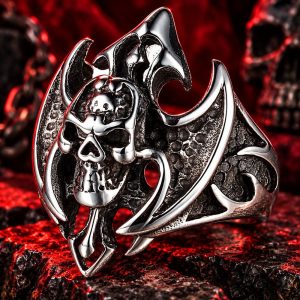 Bague Tête de Mort Hache des Ténèbres Acier