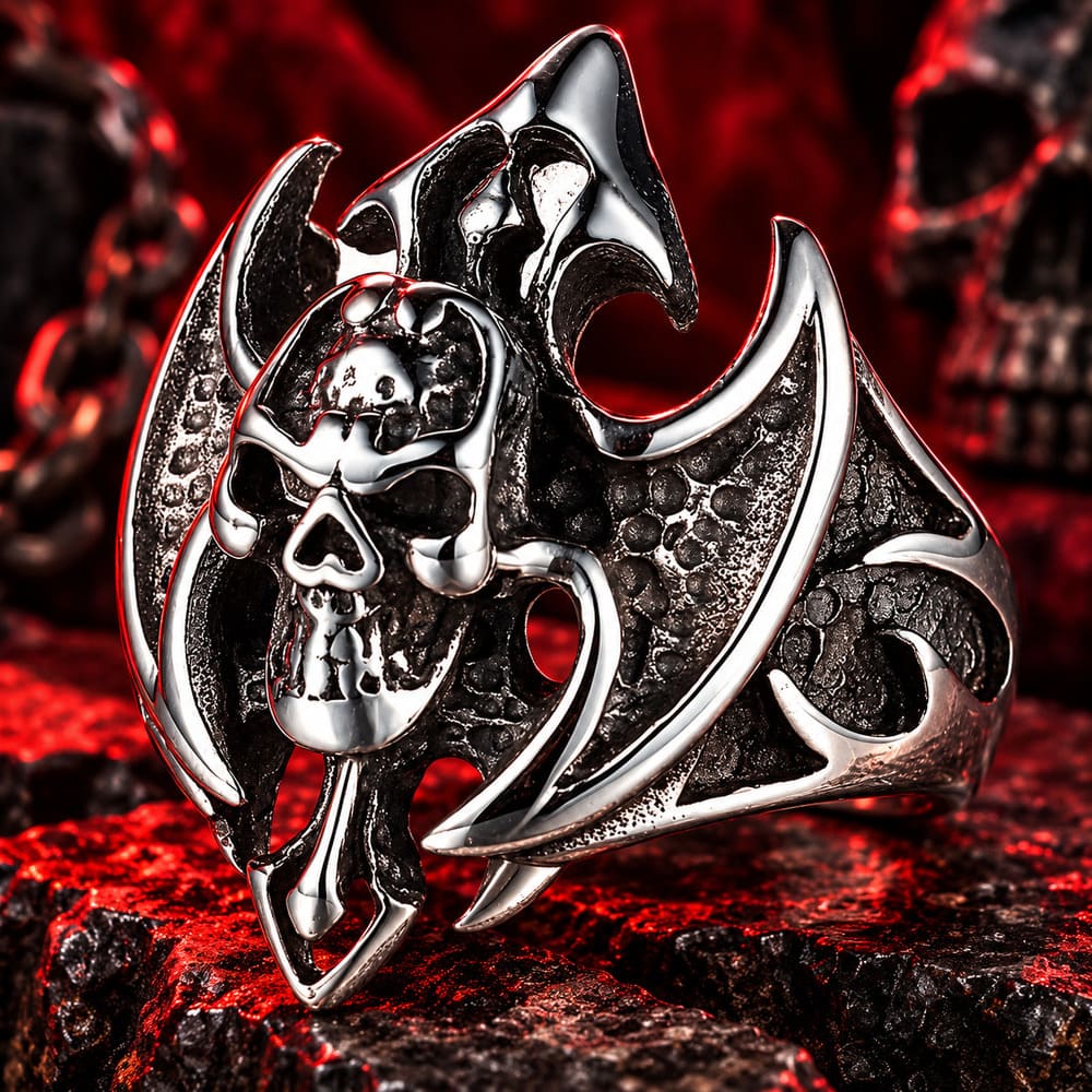 Bague Tête de Mort Hache des Ténèbres Acier