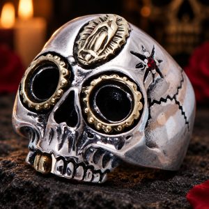 Bague Tête de Mort Mexicaine & Vierge Marie Acier