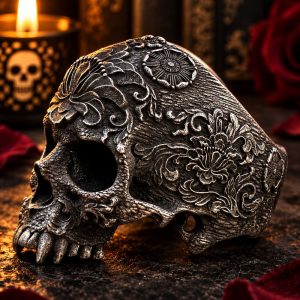 Bague Tête de Mort Motifs Floraux | Acier