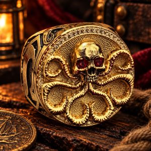 Bague Tête de Mort Pieuvre d'Or | Acier
