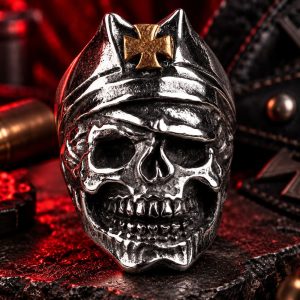 Bague Tête de Mort Soldat à la Croix de Malte | Acier