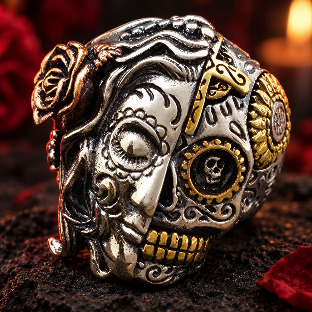 Bague Tête de Mort Steampunk & Calavera Acier
