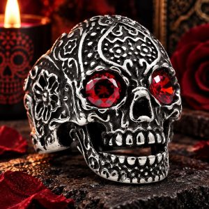 Bague Tête de Mort Yeux Rouges Acier