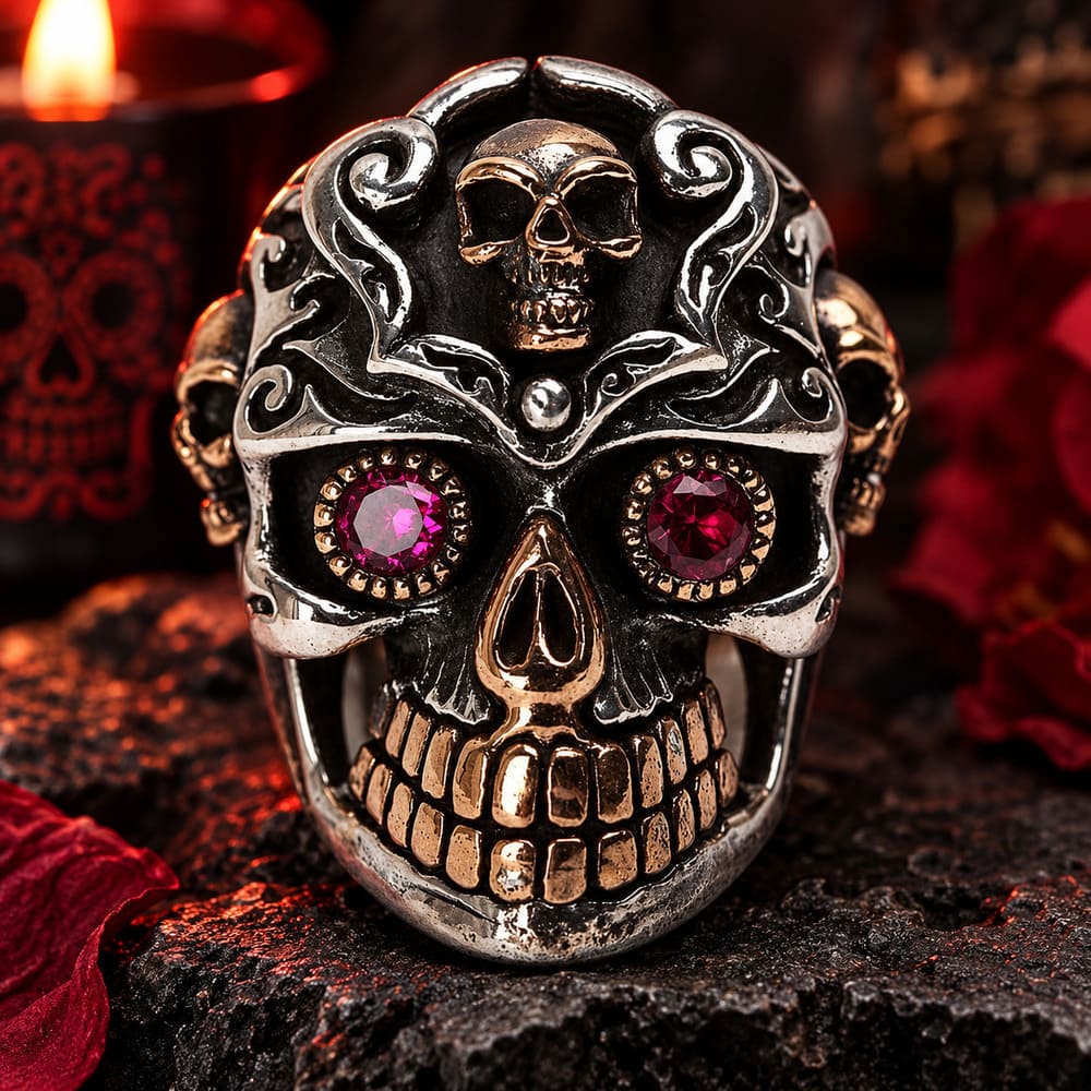 Bague Tête de Mort Zircons Enchantés Acier