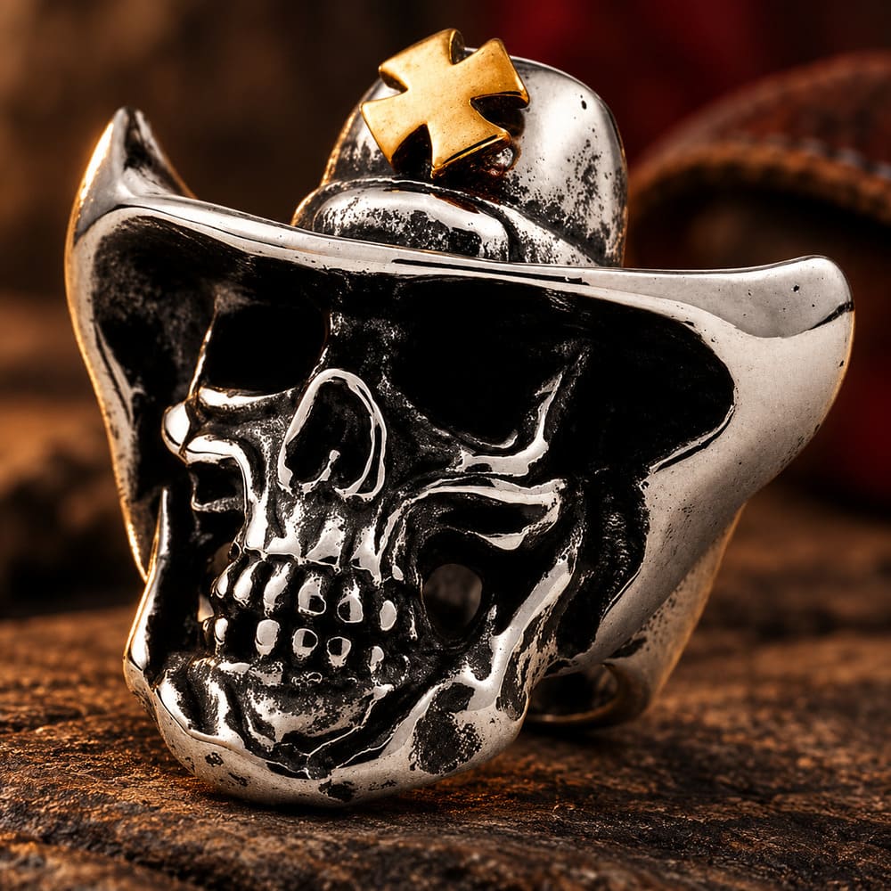 Bague Tête de Mort Cow-Boy Croise Acier