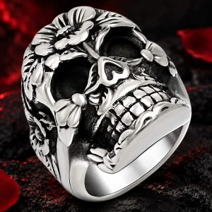 Bague Tête de Mort Fleurs du Mal Acier