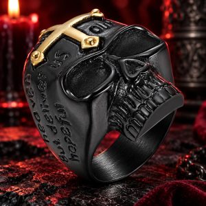 Bague Tête de Mort Noire à Croix | Acier