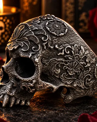 Bague Tête de Mort Motifs Floraux | Acier